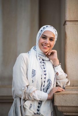 EMMA scarf Love Me White ,a white hijab with blue embroidery accents of pashmina and hearts.