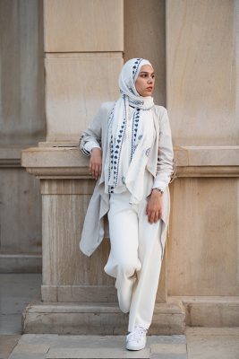 EMMA scarf Love Me White ,a white hijab with blue embroidery accents of pashmina and hearts.