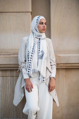 EMMA scarf Love Me White ,a white hijab with blue embroidery accents of pashmina and hearts.
