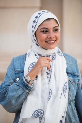 EMMA scarf Love Me White ,a white hijab with blue embroidery accents of pashmina and hearts.
