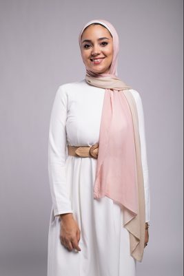 EMMA Scarf Almond Rose an ombre hijab with light cafe and light dusty rose. smiling