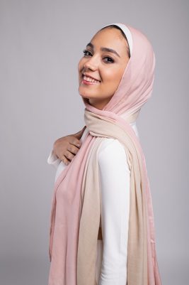 EMMA Scarf Almond Rose an ombre hijab with light cafe and light dusty rose. smiling