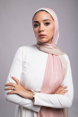 Close up of EMMA Scarf Almond Rose an ombre hijab with light cafe and light dusty rose.