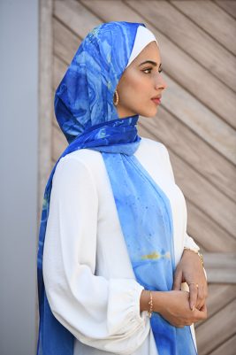 Hijabi model wearing EMMA scarf Starry Night inspired by Van gogh