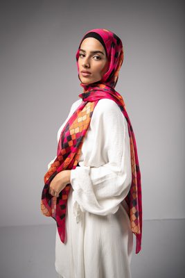 Purple Venom, EMMA scarf , with a snake print in the colors of hot pink, orange and purple