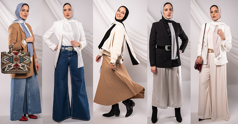 Passant Bedewy styling posing in different EMMA jersey scarfs