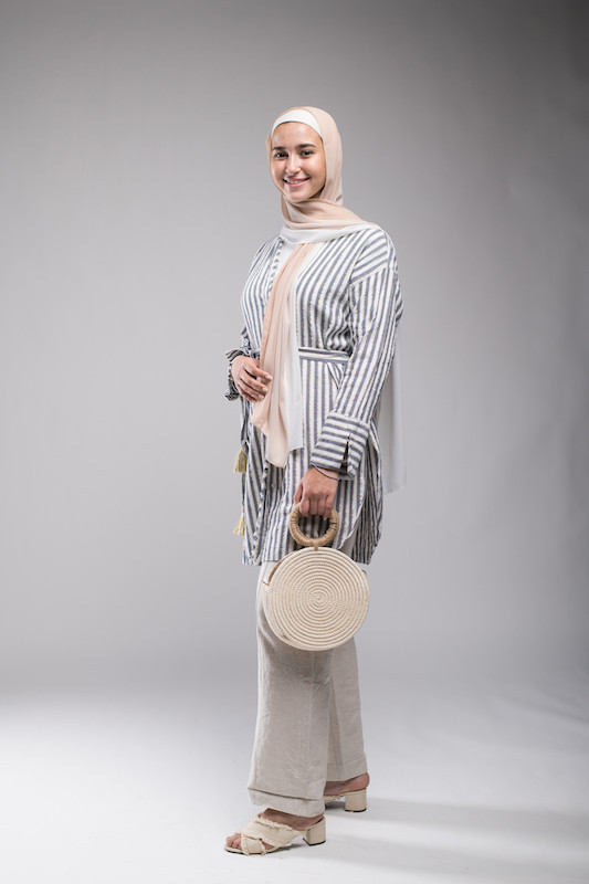 Hijabi Model in EMM Scarf Pesch Sorbet smiling at camera