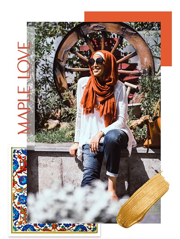 Hijabi Woman Styling her EMMA scarf Basic Maple on jeans and a white shirt